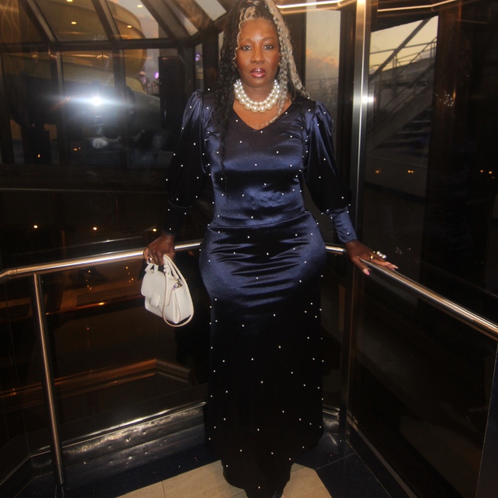 Elegant Navy Blue Satin Gown with Pearl Accents, V neck and Puff sleeve